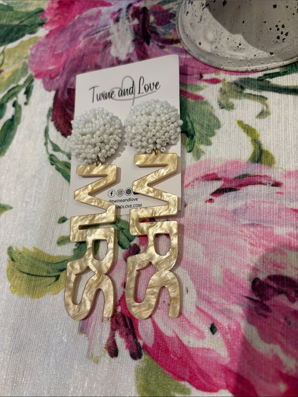 Twine and Love White Beaded Top Gold Statement Earrings